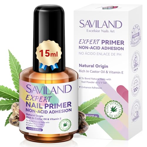 SAVILAND Nail Primer No Lift: 2024 Acid Free Primer Nail Prep Bond with Vitamin E Ingredient Castor Oil for Gel Acrylic Dip Nails, Ultra-Strong Adhesion Protein Nail Bond Nail Supplies Home Salon