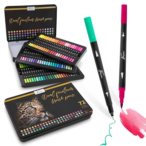 VAN NASSAU FINE ART Set de 72 pièces Stylos Pinceaux et Fineliners - Coloriage pour Adultes - Double Pointe - Crayons de Dessin à Base d'Eau - Pointe de Pinceau Flexible - Boîte de Rangement