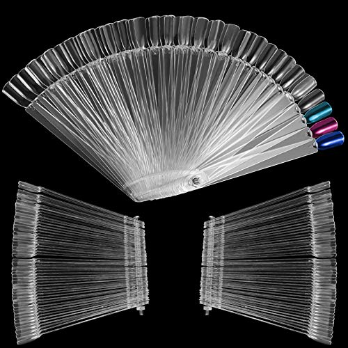 ZEONHEI 150 Tips Clear Nail Art Sticks, Plastic Fan-shaped Display Sticks, Nail Art Polish Tips Display Supplies with Metal Screw Holder for Nail Display Practice Polish Board Home DIY Salon