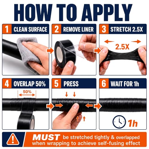 Image of Self Fusing Silicone Tape (40 Ft Total) Plumbing Tape for Repaire Pipe | Flex Seal Tape, Black Rubber Tape Weatherproof for Electrical Cables /Drain Pipe, Heat Resistant 500F