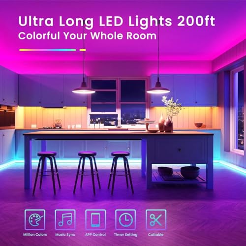 Image of TJOY 200ft Bluetooth LED Strip Lights, Long Strip Lighting Music Sync, RGB Color Changing LED Lights for Bedroom with Remote,Smart Phone APP Control, Ceiling Living Room Decor (APP+Remote+Mic /2 Roll)