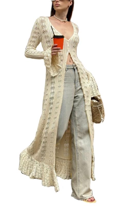 Women Long Crochet Cardigan Hollow Out Button Up Duster Sweater Trendy Long Sleeve Cover Up Knit Maxi Dress