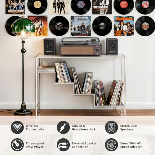 Image of Record Player with External Bookshelf Speakers Belt-Drive Vintage Turntable for Vinyl Records Passive Dual Stereo Speakers LP Players 3 Speed Wireless AUX Headphone Auto Stop Retro Wooden Dark Red