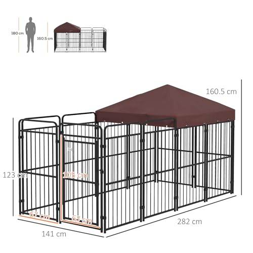 PawHut Zwinger für Hunde im Freien, Hundezwinger mit wasserdichtem Anti-UV-Dach, Metallkäfig für große Hunde, 282x141x159cm, braun