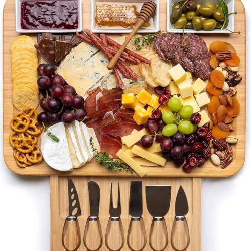 SwandTanpand Bamboo charcuterie Board Includes 6 Cheese Knives, 3 Seasoning Plates, Cheese Board Set, Fruit, Cured Meat Platter and Drawer, Fine Bamboo Cheese Board Set