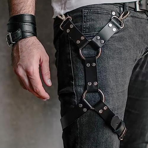 PIIKNUO Herren Bein Harness Leder Punk Gothic Herren Sexy Punk Oberschenkel Hosenträger Männer Leder Oberschenkel Geschirr Gürtel Bandage Kostüme Geschirr Männer Fesseln Bein Harness