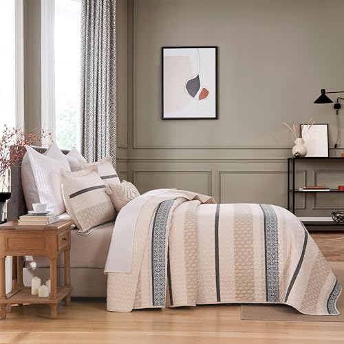 Image of Homzard Quilts Queen Size, Cotton Comforter Set, Beige and Grey Queen Bed Set, Lightweight Striped Bedding, Farmhouse Reversible Bedspread All Season 3 Pieces