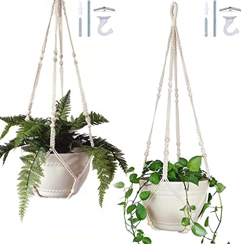 Bouqlife 2 Pack Macrame Plant Hangers Large 43 Inch Extra Long Hanging Planters for Indoor Plants Cotton Rope Flower Pot Holders with Ceiling Hooks White