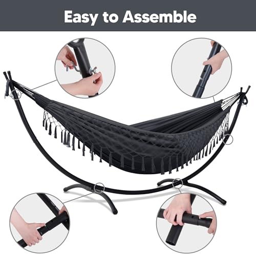 Image of SUNCREAT Portable Outdoor Hammock with Stand Included, Double Hammock with Tassel for Outside, Dark Gray