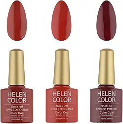 HELEN COLOR Kit 3 Esmaltes em Gel UV/LED 10ml Cada Frasco Secagem Rápida Alta Durabilidade Acabamento Brilhante (Vermelho)