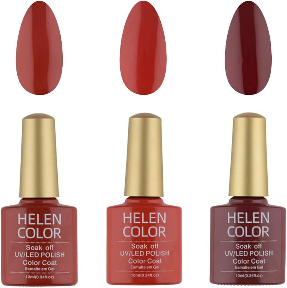 HELEN COLOR Kit 3 Esmaltes em Gel UV/LED 10ml Cada Frasco Secagem Rápida Alta Durabilidade Acabamento Brilhante (Vermelho)