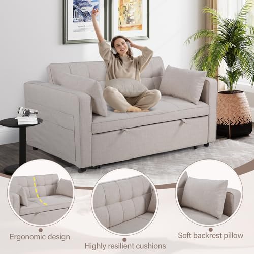 Image of HAOMARKETS 3 in 1 Convertible Sleeper Sofa Bed, Loveseat Chaise Lounge with Pullout Bed, 2-Seater Futon Couches with Storage Pockets, 3-Level Adjustable Backrest and Pillows for Living Room, White