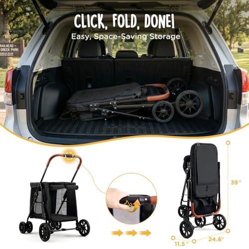 Image of CANINE CANYON Scout Pet Stroller, Heavy Duty Dog Stroller for Large & Medium Dogs, Foldable Pet Stroller for 2 Small Dogs with All-Terrain Wheels, Storage Pocket & Cup Holder, 55 lbs Capacity, Black