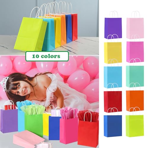 SHUBEIEUMI 10 Stück Krafttaschen mit Griffen 21x15x8cm, Bunte Kleine Geschenktüten, Geschenktüten für Hochzeitsfeier, Giveaways, Kindergeburtstag, Süßigkeiten, DIY, usw