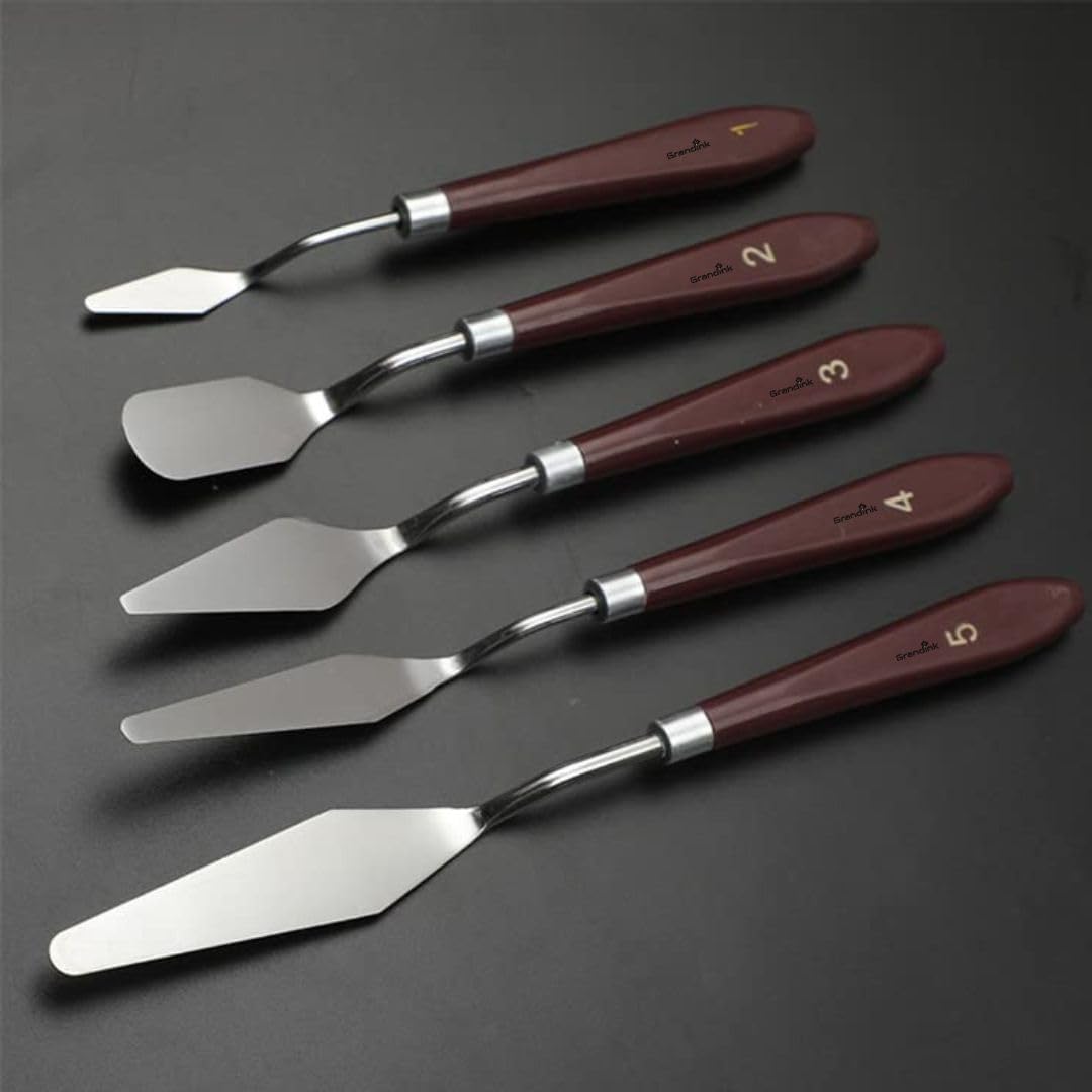 Grandink Palette Painting Knives - Set of 5 Various Sizes & Shapes, Stainless Steel Scraper Spatula with Polished Brown Handle for Artist Canvas Oil Paint Mixing colour