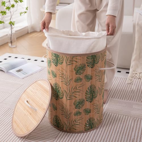 Image of HOKIPO Eco-Friendly Foldable Bamboo Laundry Basket Hamper with Lid, Large, 48 Litre, Tropical Leaves (AR-5750)