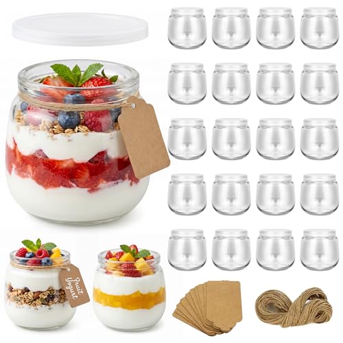 Hbazzor 200ml pot yaourt en verre avec couvercle -20 pièces petit pots en Verres à dessert transparents avec couvercle pour pudding, desserts, yaourt...