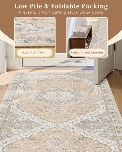 Madane Washable Area Rug 2x3, Small Entryway Rug Non-Slip Vintage Door Mat Indoor Entrance, Low Pile Floor Carpet for Inside Front Door Bedroom Kitchen Entry Laundry (2'x3', Pink/Gray)