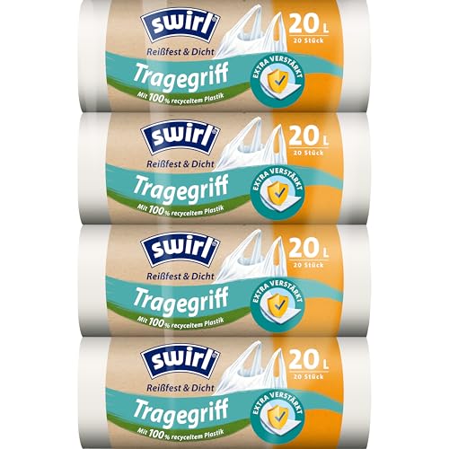 Swirl Reißfest & Dicht Tragegriff Müllbeutel 20 l (4 x 20 Beutel) tropfsichere Müllsäcke für den Hausmüll reißfeste Mülltüten mit praktischem Tragegriff