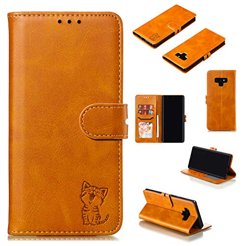 Robinsoni Case Compatible with Samsung Galaxy Note 9 Retro Leather Wallet Cover with Card Holder Slots Cat Printed Folio Flip Book Cover TPU Silicone Inner Case Kickstand Magnetic Closure Case, Yellow