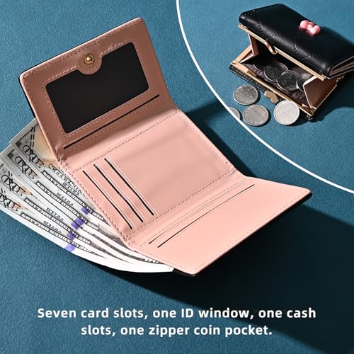 Wallet Women, Cute Small Black Coquette Bow Trifold Wallets Woman, Heart Shape Kiss-lock Business Credit Card Coin Holder Purse Pocket for Cash Key Change (Black)4