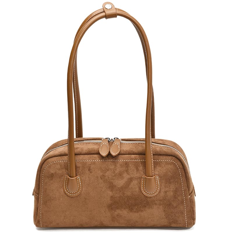 Ladies Elegant Boston Bag Solid Color Mini Shoulder Bag Suede Leather Versatile Handbag Work Commute Shopping Party Bag