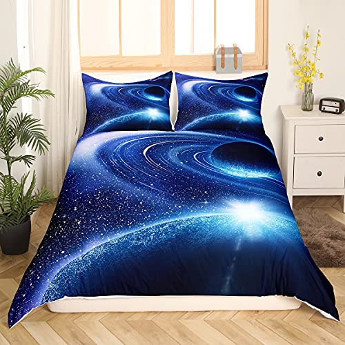 Homemissing Ensemble de literie imprimé Galaxie Bleu 3D Univers planète Housse de Couette 140x200cm Espace Ciel étoilé literie Enfants Lits en Microfibre Ensemble...