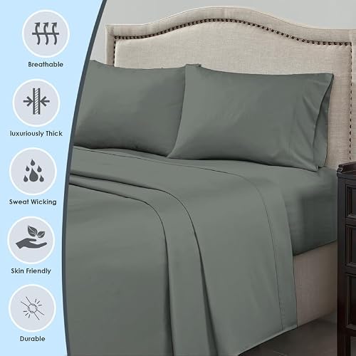 Pizuna 100% Luxury Cotton Twin XL Sheet Sets 1000 Thread Count Soft Sateen Weave Breathable Hotel Quality Cooling Bed Sheets Twin XL Bedding Set with Deep Pocket & Easy Fit Bedsheet (3PC) Dark Grey - Thumbnail 2