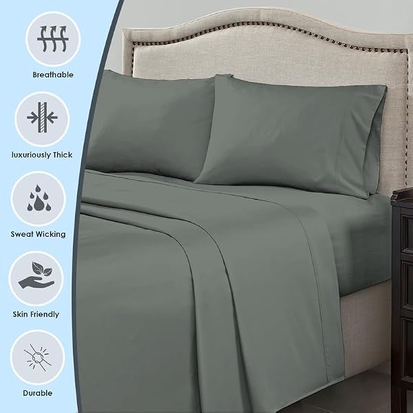 Pizuna Twin Sheet Set 100% Luxury Cotton 1000 Thread Count Soft Sateen Weave Breathable Hotel Quality Cooling Bed Sheets Twin Size Bedding Set with Deep Pocket & Easy Fit Bedsheet (3PC) Dark Grey by Pizuna - Image 2