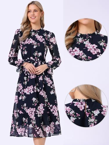Image of Allegra K Fall Casual Floral Dress for Women 2025 Long Sleeve Crew Neck Chiffon Midi Tea Party Ruffle Dresses