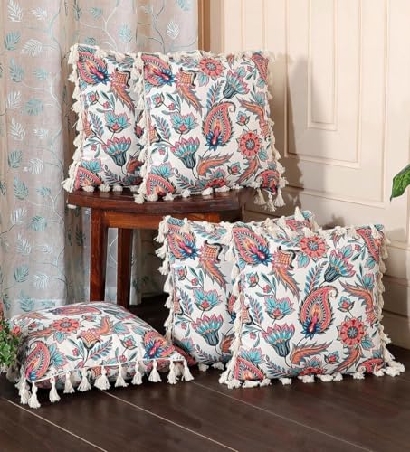 ishro home Premium Cushion Cover Set of 5 | Cushion Cover 16 inch x 16 inch – Soft European Standard Fabric, Frill Design, Machine Washable | (5, Paisley Fiesta, 16x16 Inch)