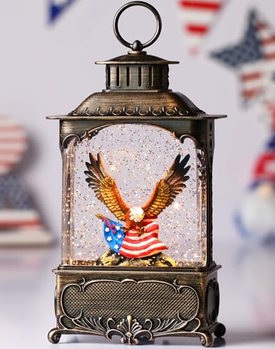 Blansong Eagle Snow Globe Lantern 4th of July Decorations Decorations Gifts Auto Snowfall Glitter Music Collection Independence Day Patriotic American Flag with 6H Timer USB/Battery Powered 10.2 inch