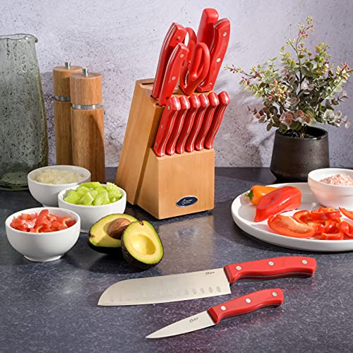 Oster Evansville 14 Piece Stainless Steel Cutlery Block Set, Red Handles #TOP7