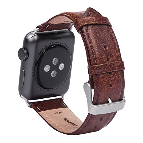 BELFORD Leather Band Compatible 42 mm Italian Leather Band for Apple iWatch, Strap Replacement Hypoallergenic Band with Stainless Metal Clasp for Apple Series 4 Series 3, 2,1 Sport (Dark Tan)