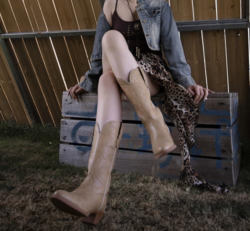 Western Cowboy Boots for Women, Cowgirl Vintage Mid Calf Embroidered Pointed Toe Faux Leather Chunky Heel Pull on Classic Ladies Boot4