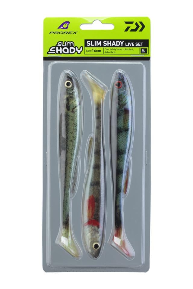 3pc/pk Daiwa 15100915 - Esca morbida Prorex Slim Shady – 16,00 cm – 25,5 g – Baby Zander/Gold Perch/Real Perch