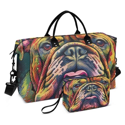 Large Travel Duffel Bag, Doodle Bulldog Head Sports Tote Gym Bag, Shoulder Weekender Overnight Bag for Women Men, Carry On Luggage with Toiletry Bags