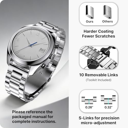 Image of Fullmosa 16mm Stainless Steel Watch Band, Quick Release Metal Replacement Strap with Removable Links, Includes Spring Bars & Link Removal Tool for Men Women (Silver)