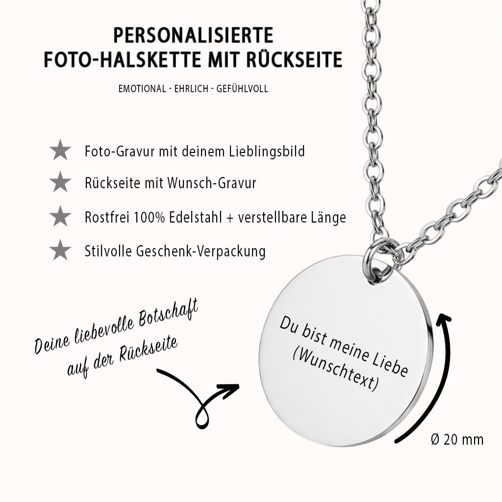 Golden Paw Personalisierte Foto Halskette mit Gravur - Haustier, Paar, Kind, Oma, Opa, Liebe, Hochzeit - Bild gravieren, Geschenk -Erinnerung von Hund, Katze, Pferd- 45 + 5 cm verstellbar