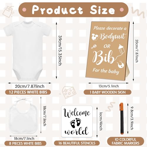 Chuarry 43 Pcs DIY Baby Bibs Decorating Kit 8 Bodysuits 8 Pcs 2 Ply White Bibs 10 Fabric Markers 16 Stencils Baby Shower Sign2
