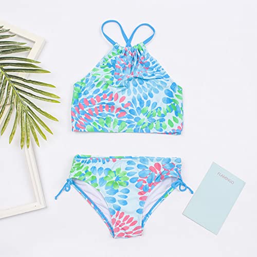 2 pcs Girls Tie Dye Swimwear Floral Tops+Drawstring Bikini Bottoms Tankini Suit Girls Sleeveless Beach Swimsuit2