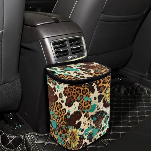 Image of Cow Sunflower Print Trash Bag for Car with Lid Multipurpose Trash Bin Waterproof Garbage Can Decoration Universal Car Interior Accessories