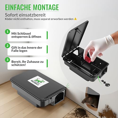 Profesionalna zamka za štakore Mice&Co 4X - Učinkovita kutija za mamac protiv štakora i miševa s ključem i naljepnicama upozorenja - Stanica za mamac za štakore sigurna za djecu i kućne ljubimce - Dostava bez otrova za štakore