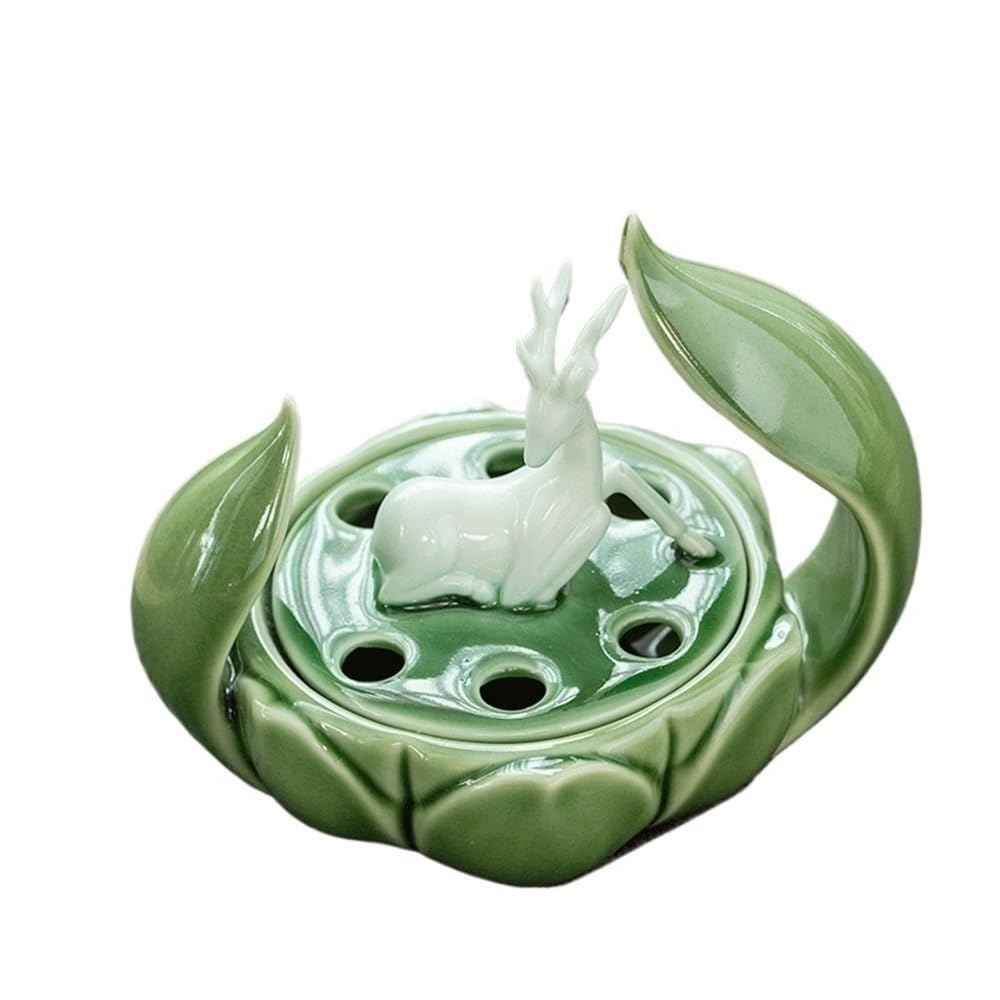 censer Green Ceramic Incense Burner With Lid Indoor Decorative Ornament Holder For Living Rooms, Entrance Halls(Green)