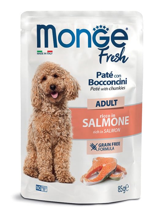 Monge Fresh Paté con Bocconcini al Salmone, Cibo Umido per Cani Adulti, Senza Cereali, 6 Bustine da 85 g