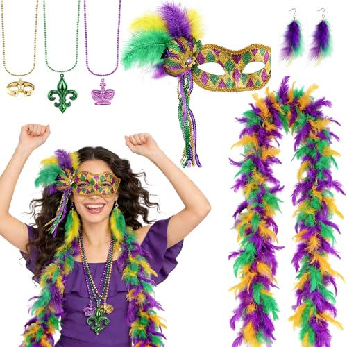 Beipegin Mardi Gras Costume Accessories Feather Boa Mardi Gras Mask Earrings Beads Necklaces for Men Women Carnival Halloween Party Favor