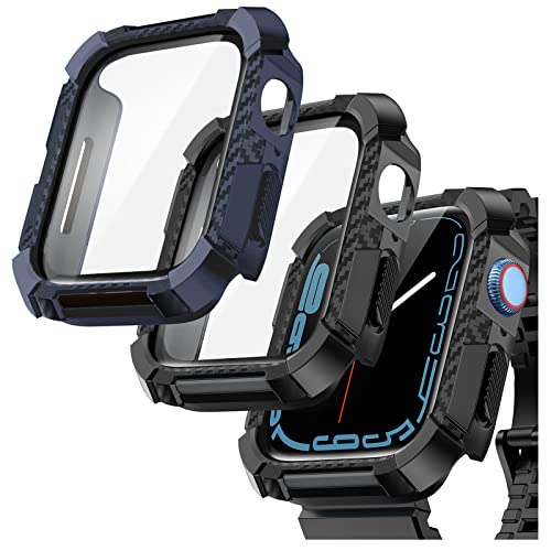 2 Pack Goton Rugged Case Compatible with Apple Watch Screen Protector Case 45mm, Military All Around Protective Tempered Glass Bumper Cover for iWatch Series 7 Accessories Black+Blue