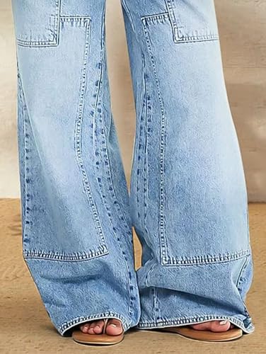 Flamingals Wide Leg Jeans for Women Drawsting Mid Waist Baggy Jeans Belted Wash Stitch Detai Trouser Jeans Light Blue L