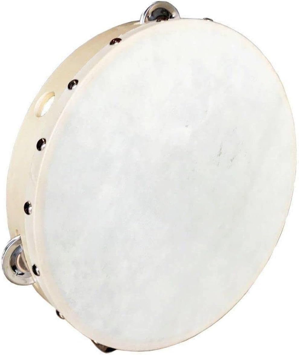 A-Star 6 Inch/15cm Handheld Headed Wooden Tambourine, Traditional Single Metal Jingle Bell Row - Natural Head image 4