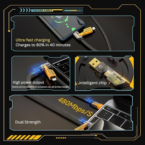 Image of 4 in 1 Fast Charging Cable - 65W | USB A to Type C, Type C & Lightning Cable | PD Fast Charge Compatible with iPhone, Samsung, OnePlus, Android, iPad & Laptop | Black
